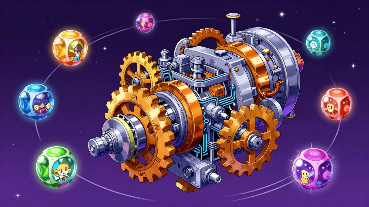 Futuristic mechanical engine representing GameFi protocol infrastructure in space