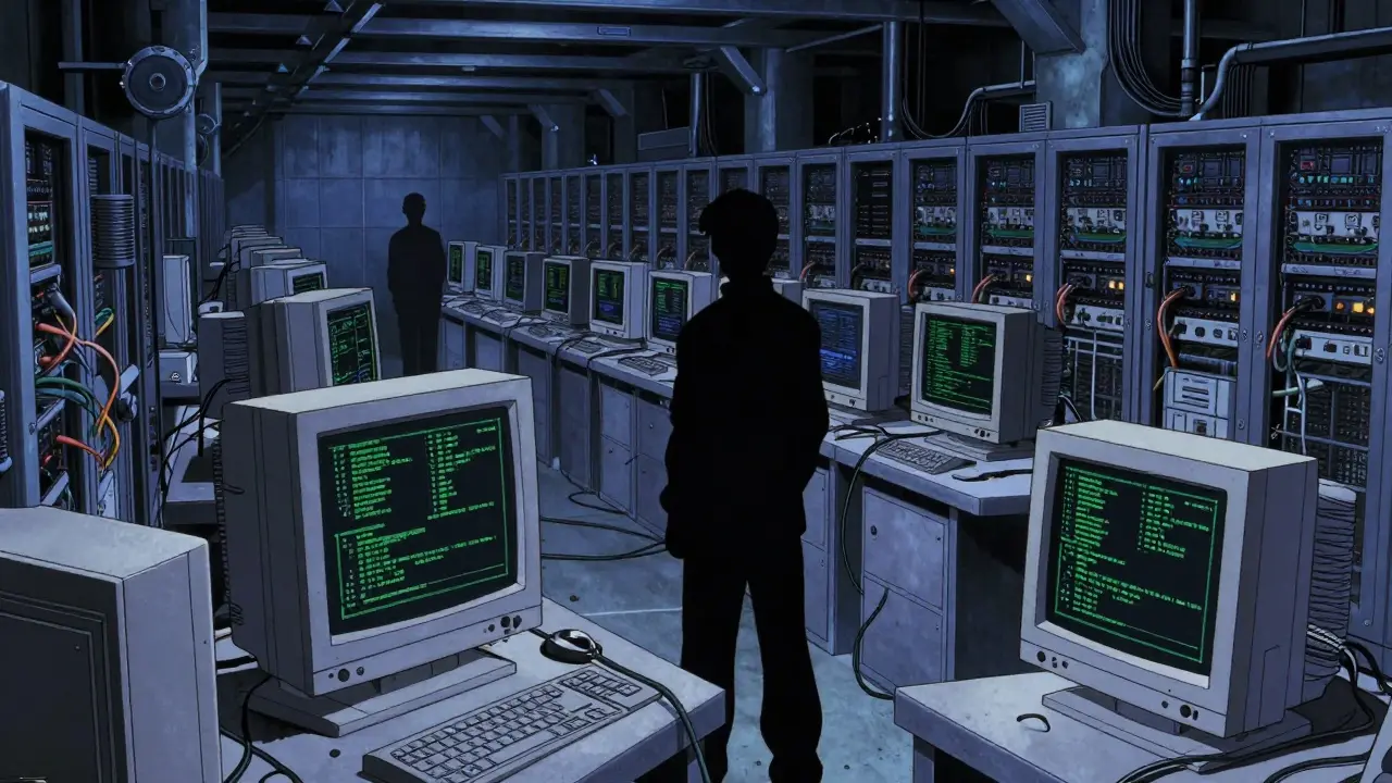 Gritty 90s anime scene of cryptocurrency mining servers