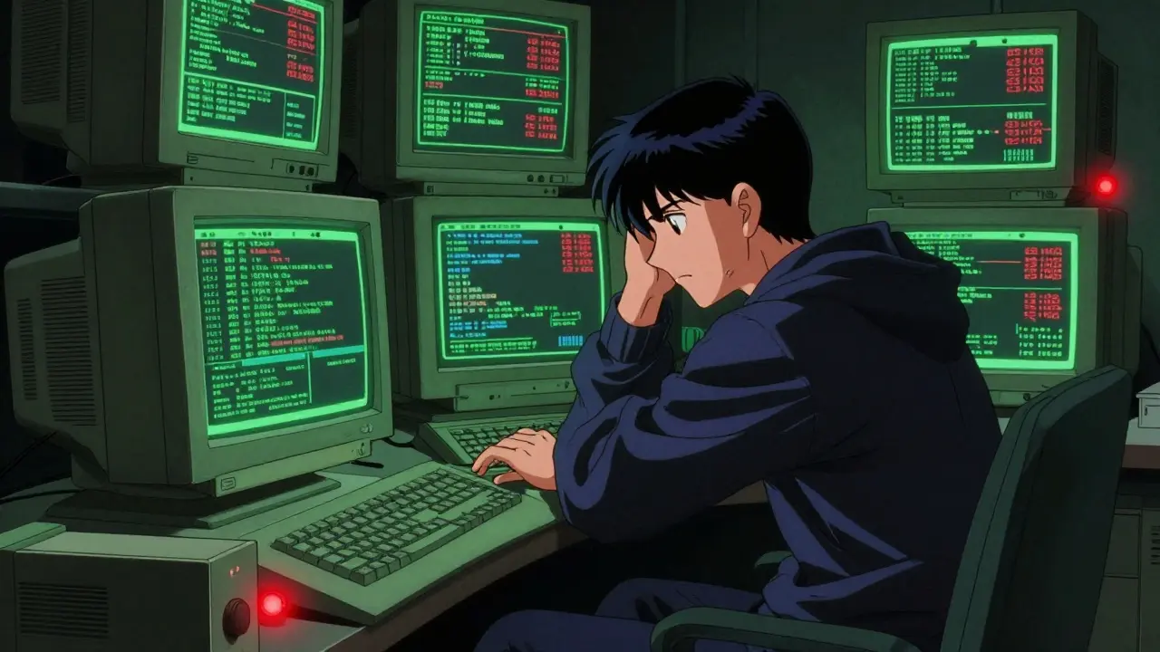 Hacker staring at confusing crypto charts on vintage monitors in 90s anime