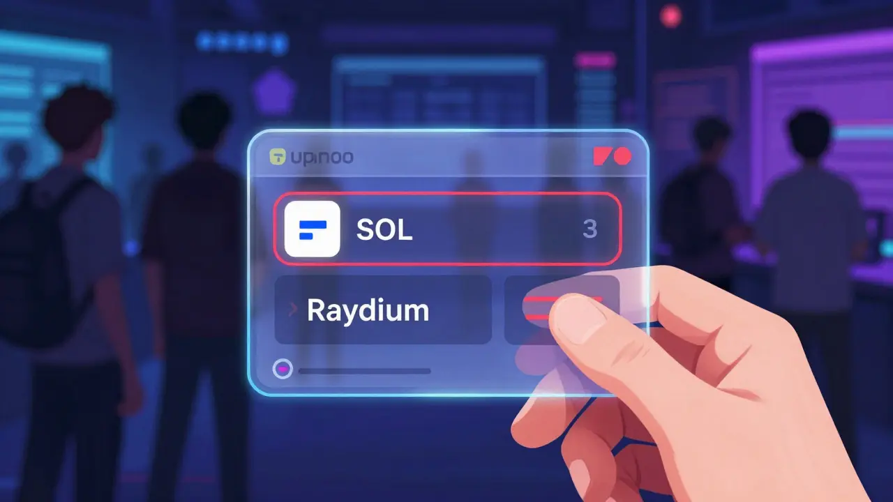 Hand holding a holographic Solana wallet interface for swapping crypto tokens
