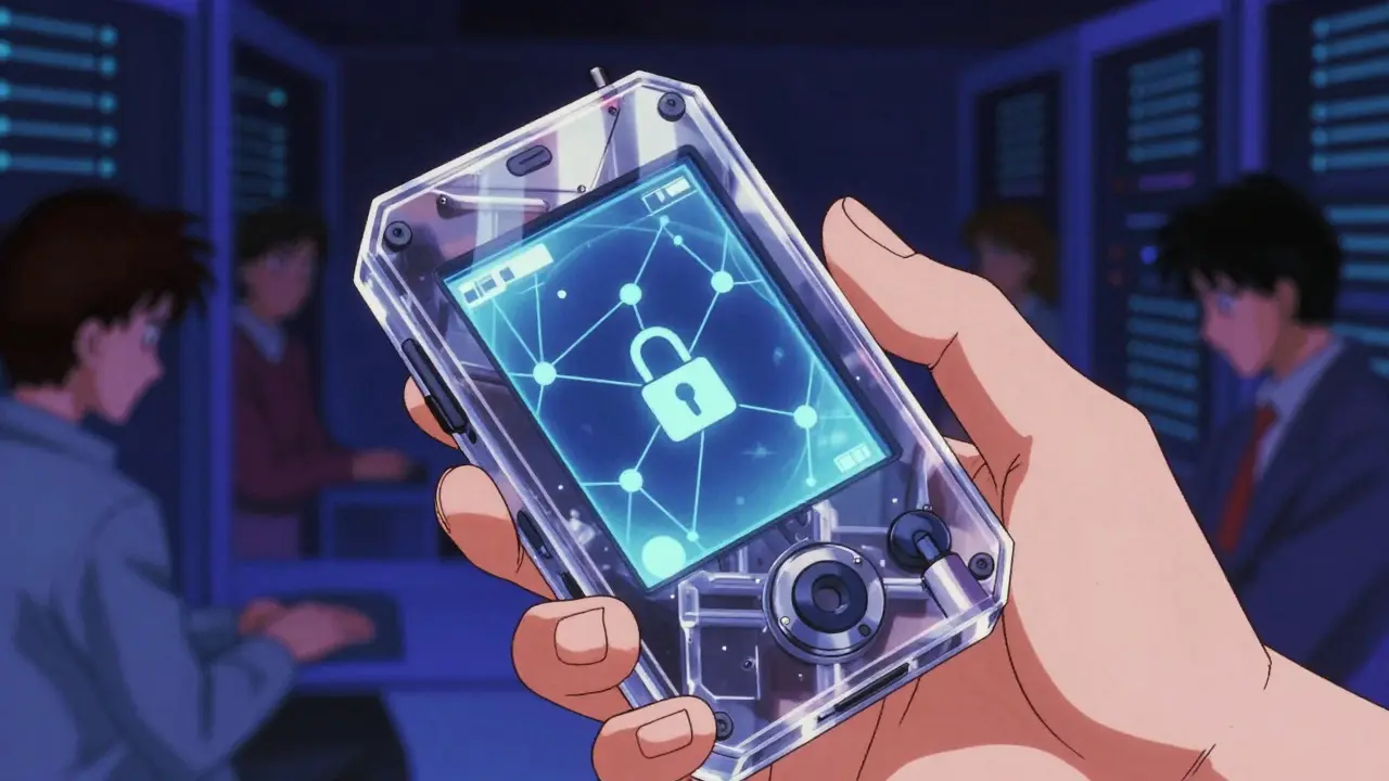 Hand holding glowing digital wallet with blockchain nodes