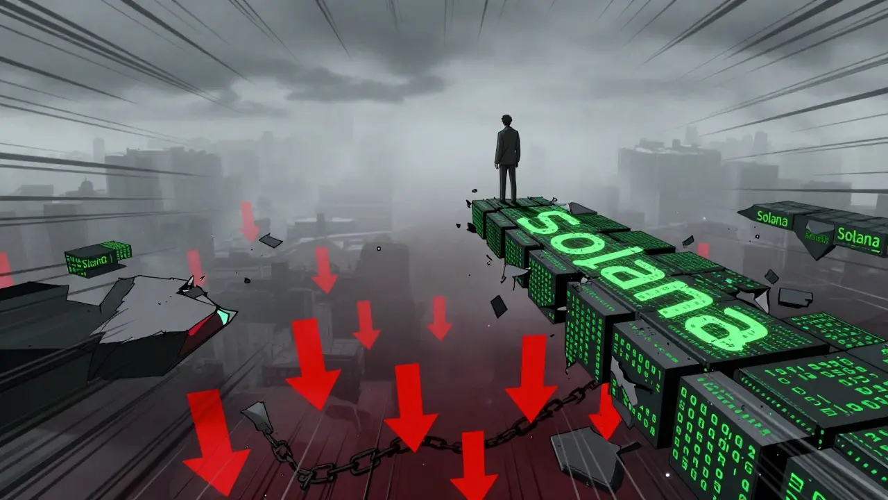 Lone figure on crumbling digital bridge symbolizing crypto risk in 90s anime