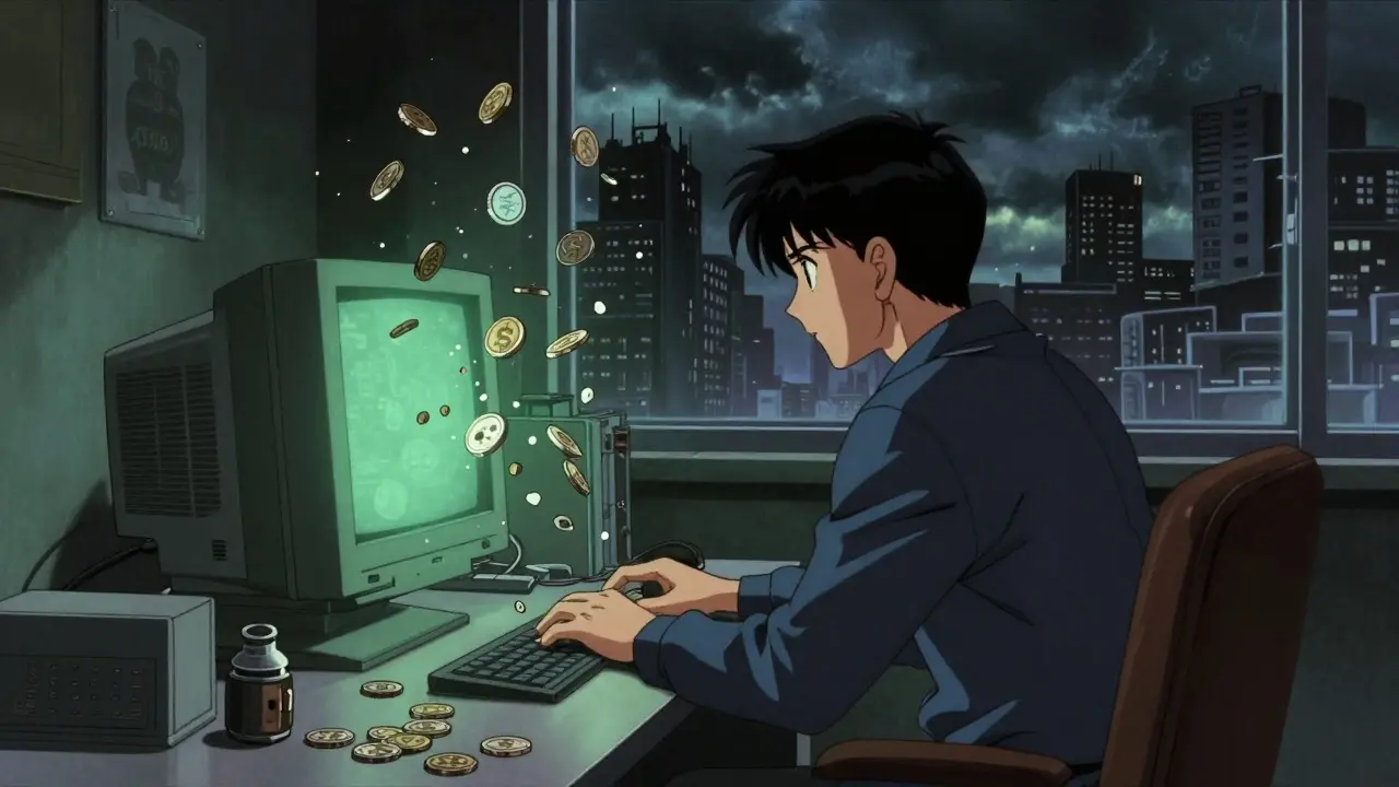 Lone trader watching digital coins dissolve into dust in dim room