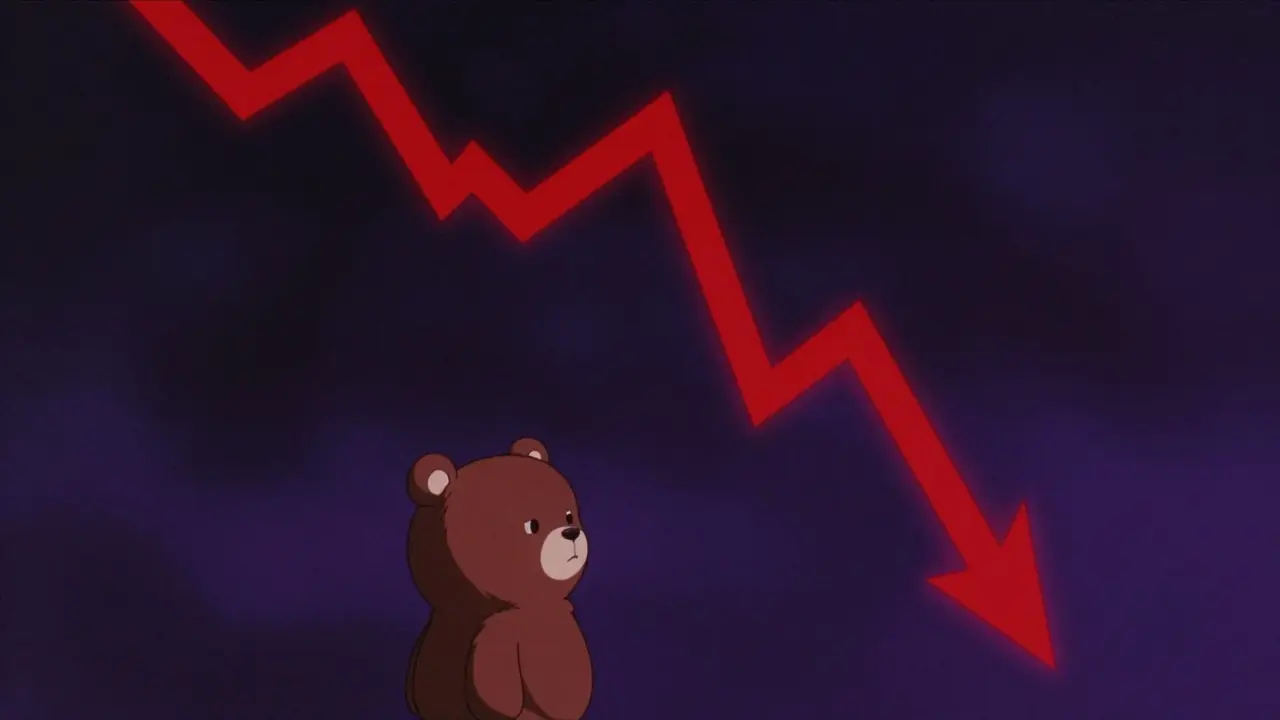 Lonely bear looking at a crashing red graph in a dark void