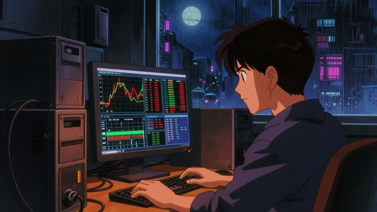 Person monitoring crypto charts on screens in a dark room.