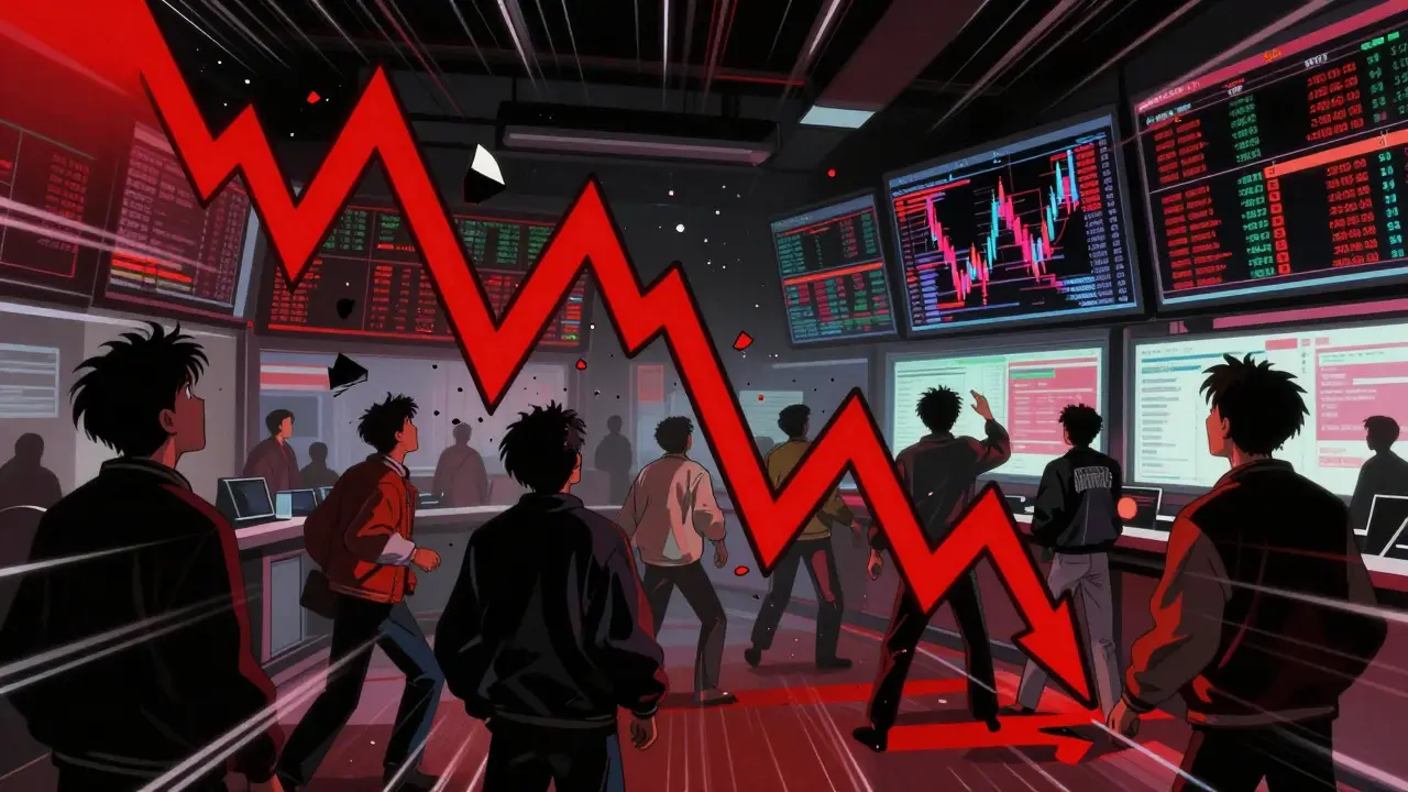 Plummeting red graph with shocked traders