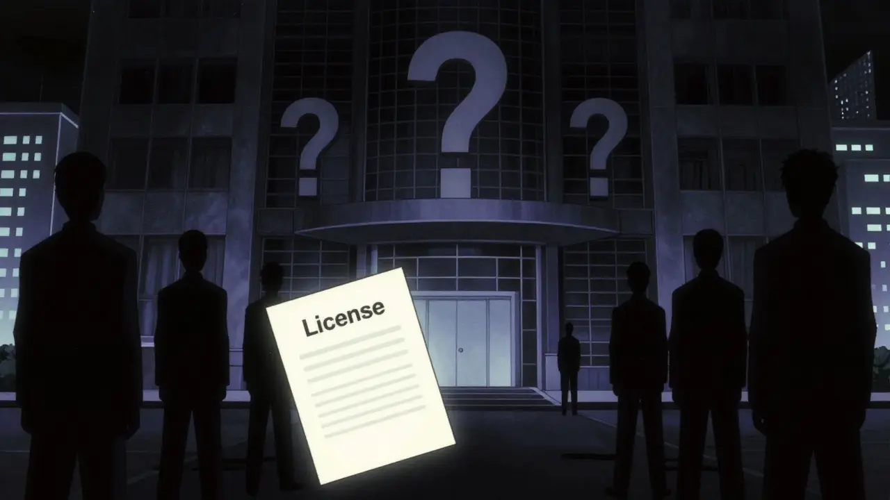 Shadowy building with missing license documents symbolizing opacity.