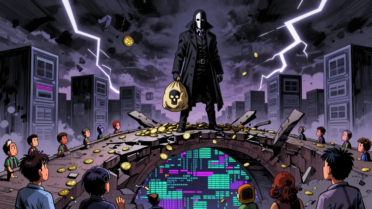 Sinister masked figure causing a bridge collapse over distressed investors in anime style