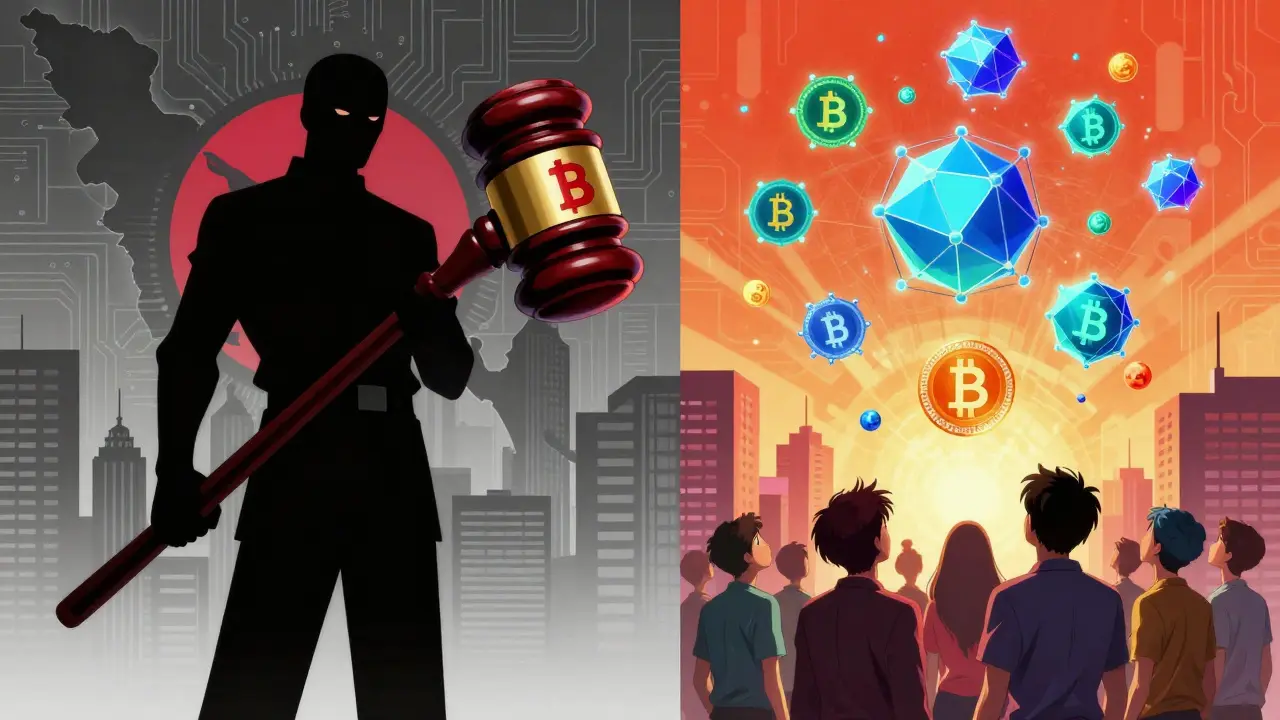 Split image showing government ban versus free-floating blockchain tokens