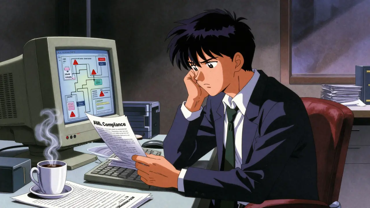 Stressed entrepreneur surrounded by AML compliance papers in dark office