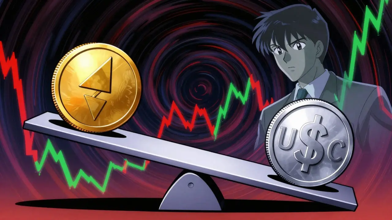 Stylized coins balancing on unstable digital seesaw
