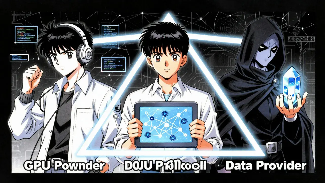 Three characters connected by data streams in 90s manga style.