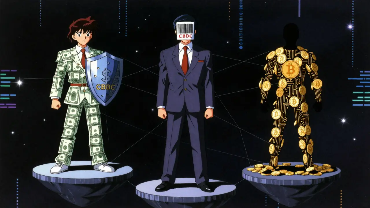 Three symbolic anime figures representing Cash, CBDC, and Crypto in space.