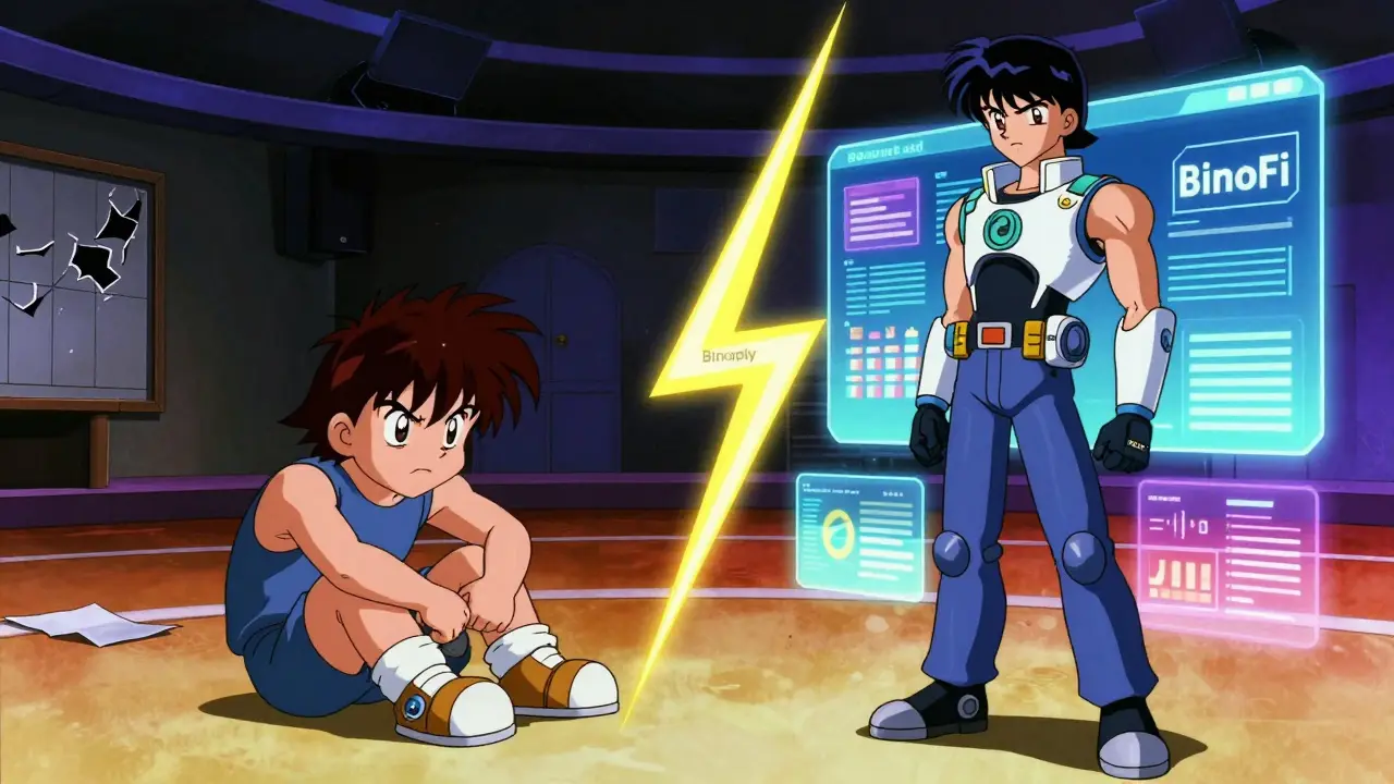 Two contrasting characters illustrating the confusion between Binopoly and BinoFi projects.