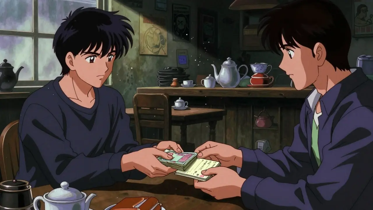 Two people exchanging cash for crypto details in a dimly lit tea shop