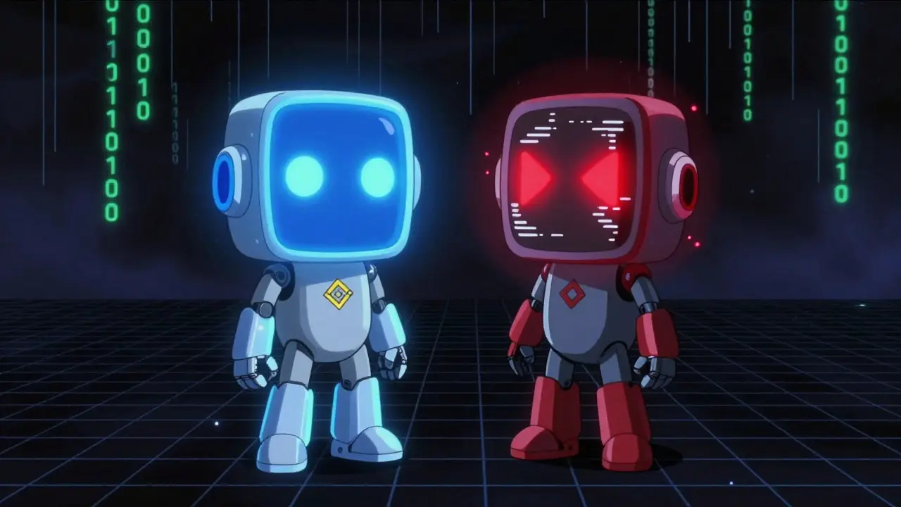 Two similar crypto tokens, one safe and one dangerous, on a digital grid