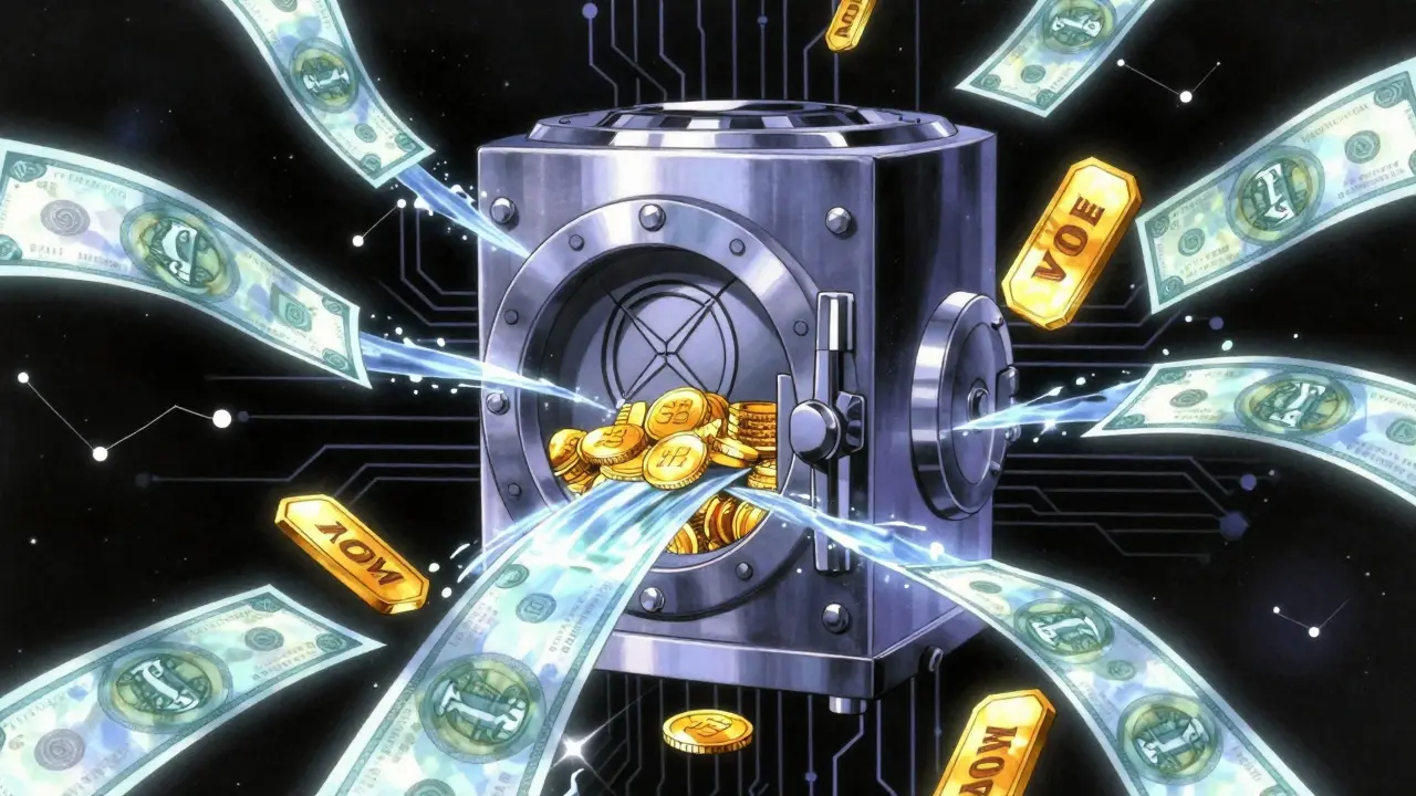 90s anime concept art showing a vault locking tokens to release digital discount vouchers.