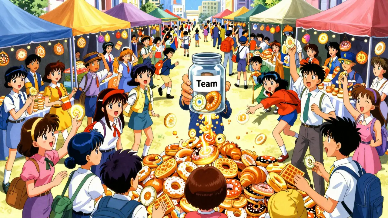 90s anime style busy market trading food-shaped crypto tokens