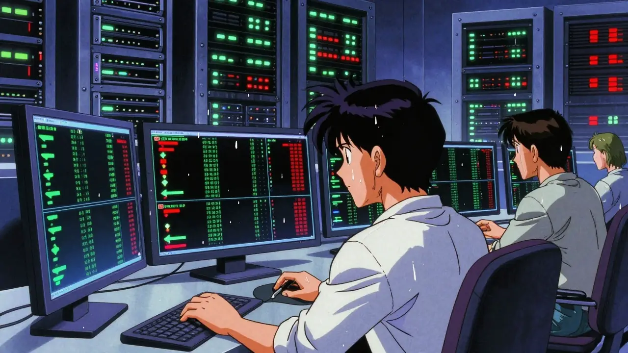 90s anime trader making high-speed decisions in server room