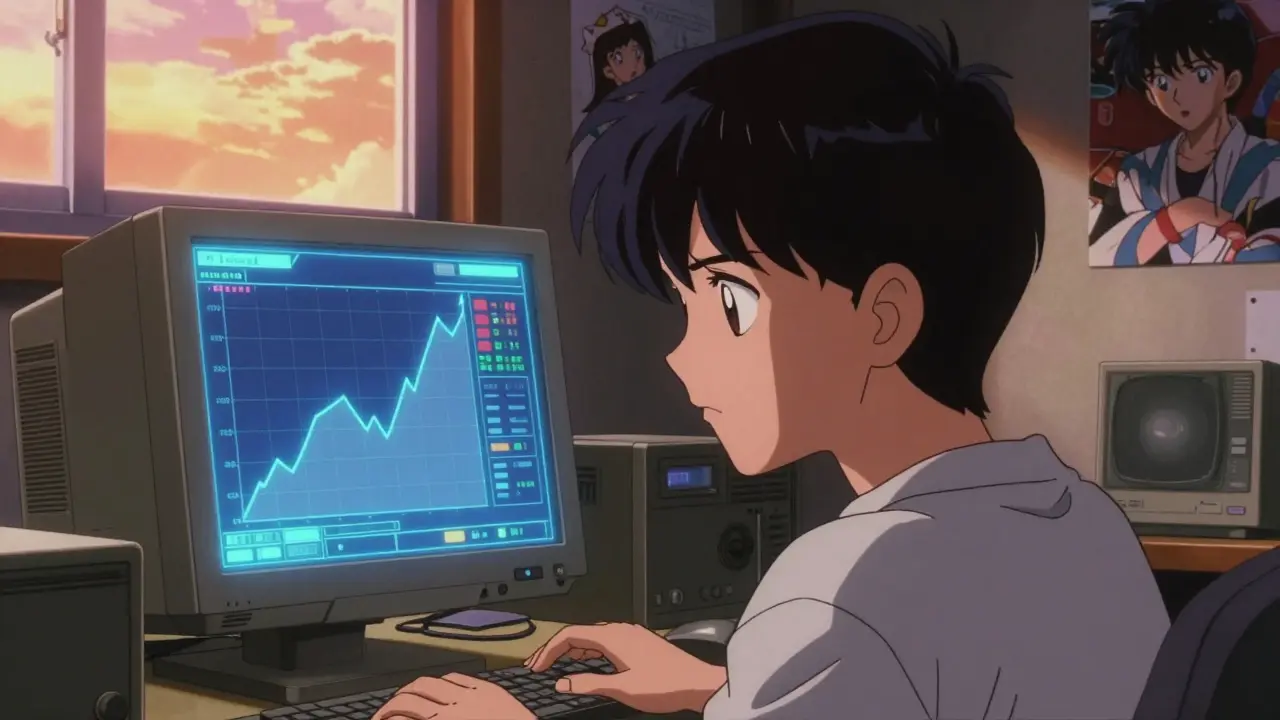 A 90s anime character in a retro room viewing a crashing token graph on a hologram, bathed in warm sunset light.