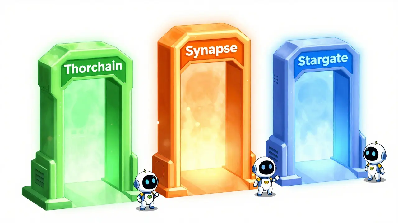 A cheerful 90s anime scene presenting safe alternative crypto bridges as colorful, welcoming futuristic gates with robot guides.