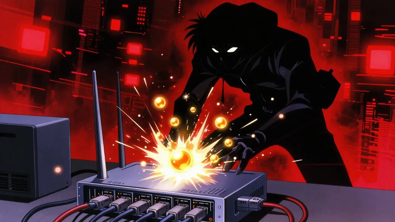 A dramatic 90s anime depiction of a hack, with shadows draining tokens from a central hub amidst sparks and glitch effects.
