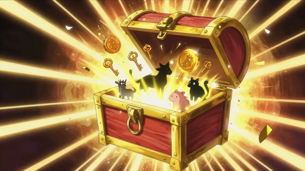 A magical treasure chest bursting open with rewards and key tokens