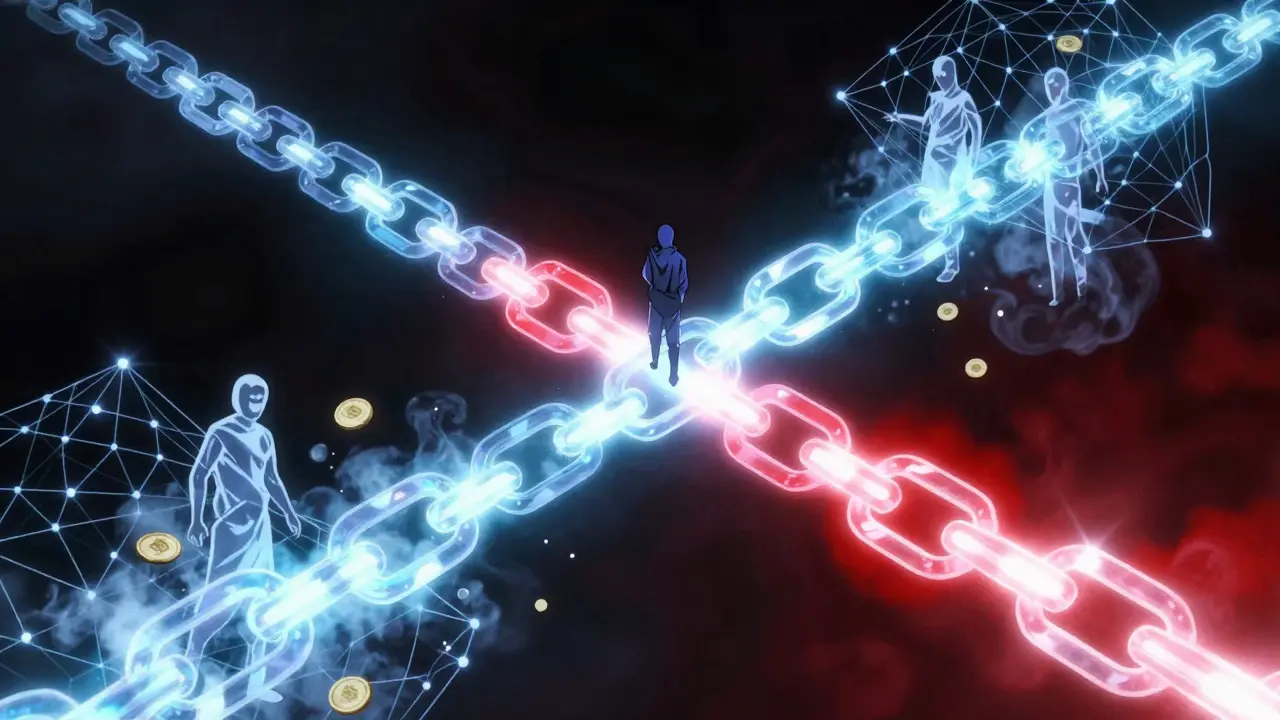 Abstract digital chains and nets catching ghostly hackers in 90s anime aesthetic