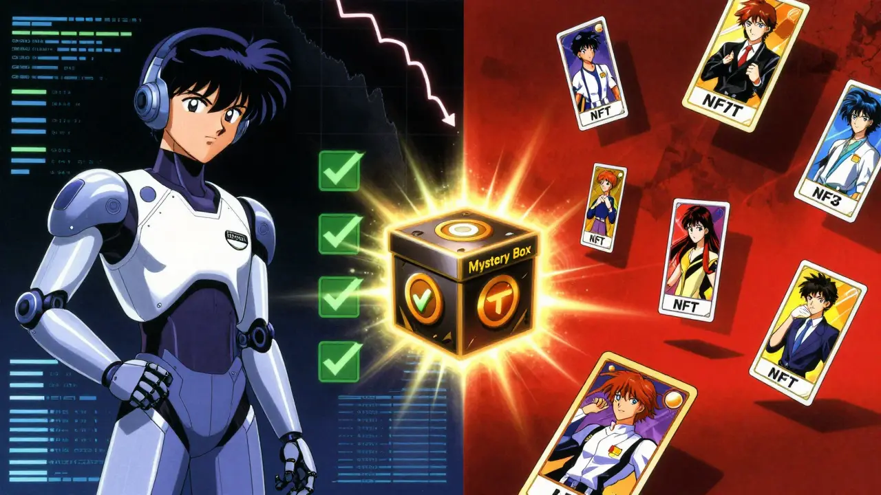 AI robot vs traditional cards with a glowing mystery box reward