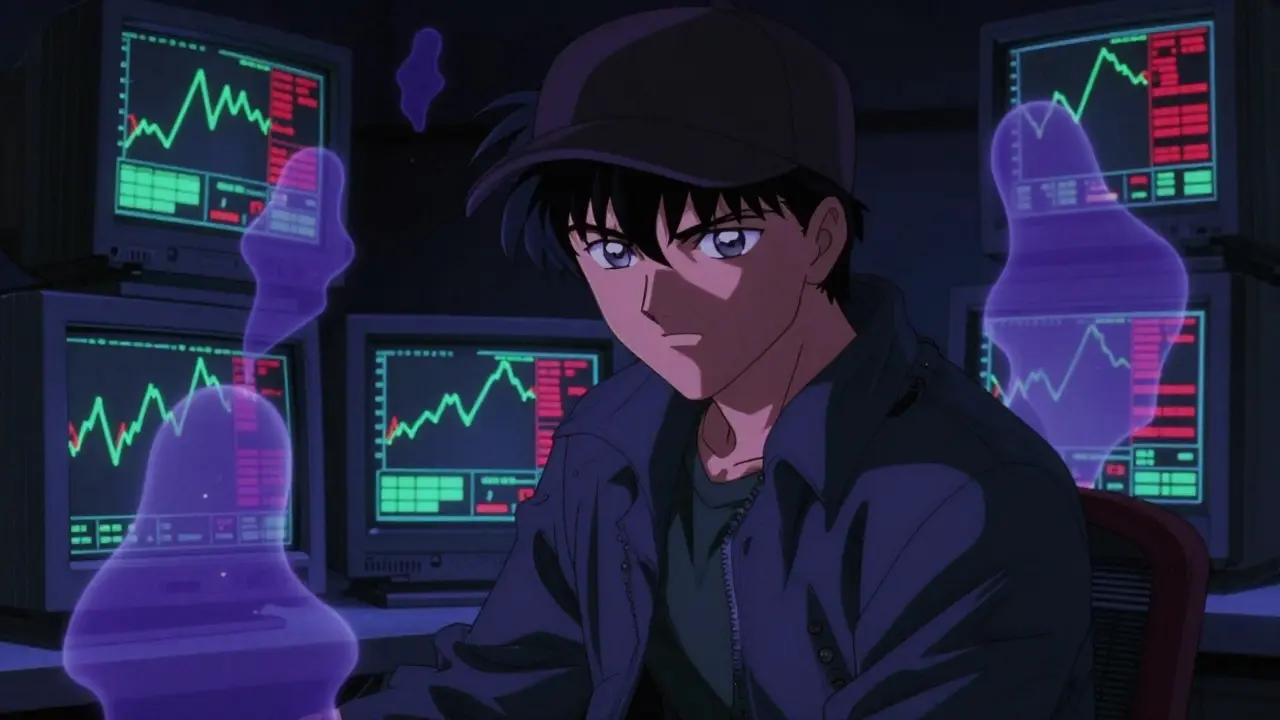 Anime character analyzing volatile crypto charts on vintage monitors in a moody room.