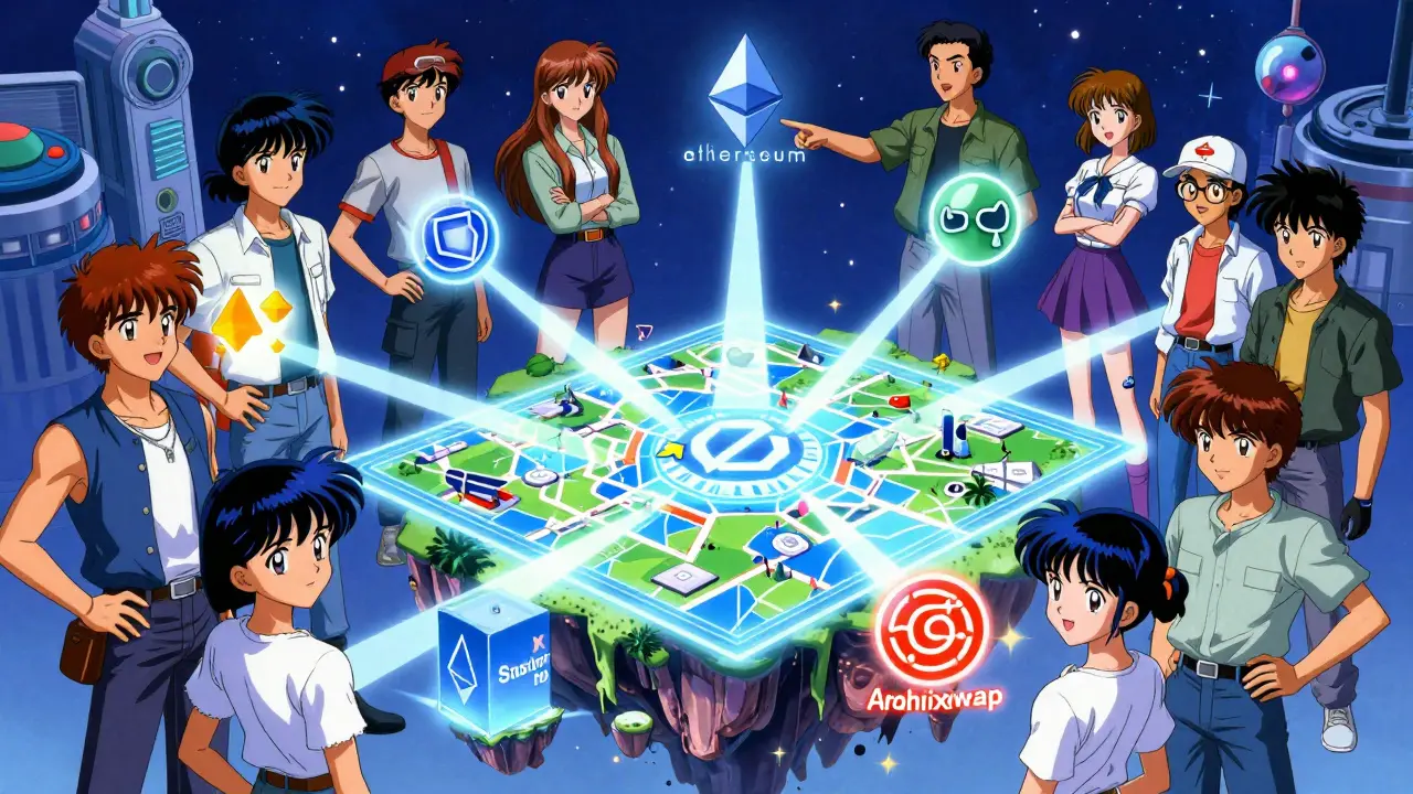 Anime characters connecting blockchain islands via light beams