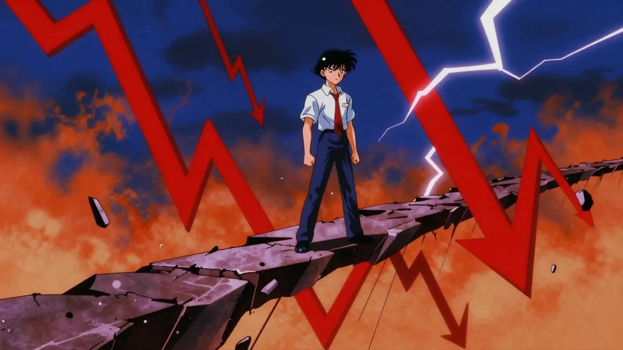 Anime figure standing on a breaking bridge amidst a storm of red market volatility