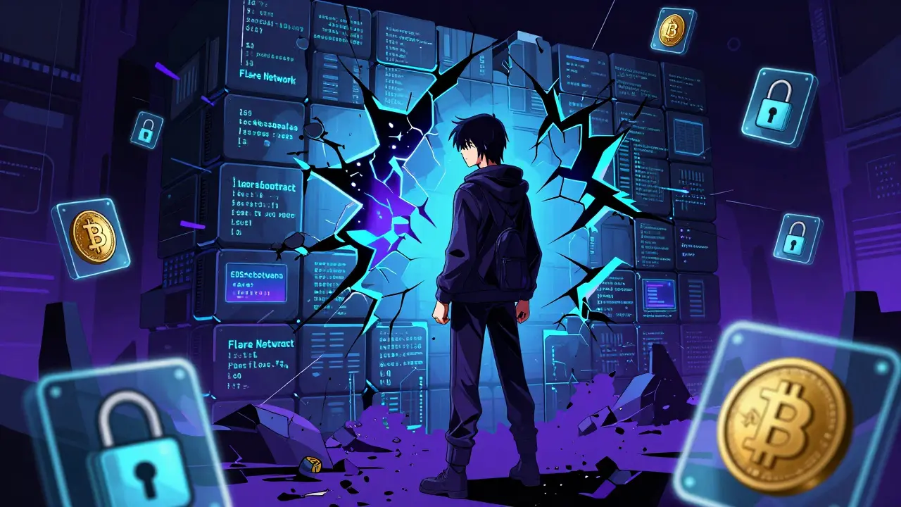 Anime hacker facing crumbling blockchain code wall
