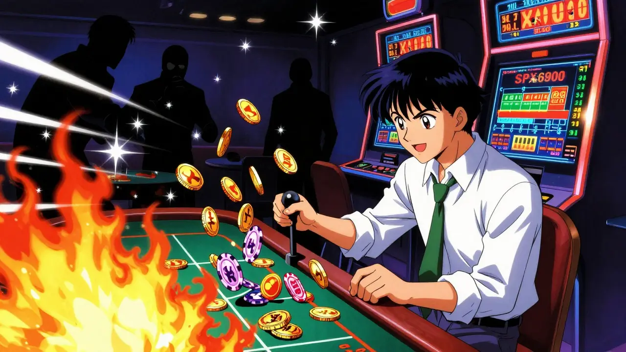 Anime investor gambling with burning tokens, symbolizing SPX6900 risks and volatility.