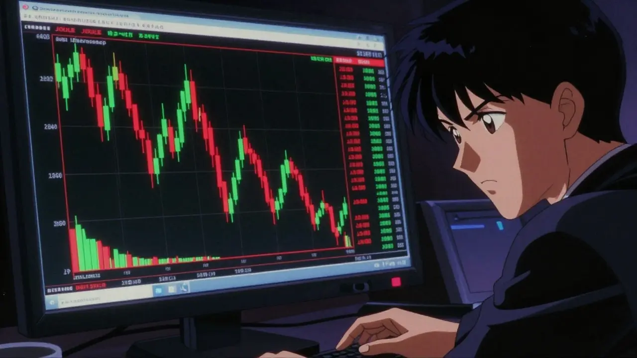 Anime trader watching volatile JOULE price chart on screen