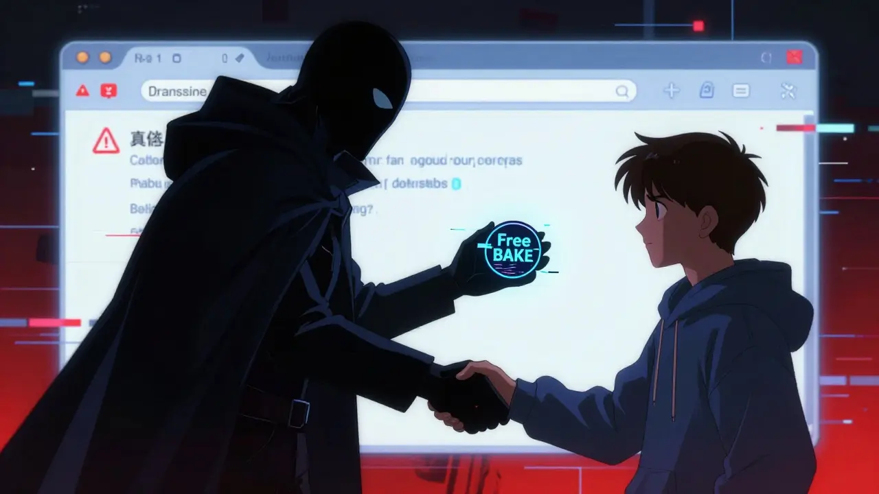 Anime warning scene: scammer offering fake crypto to user