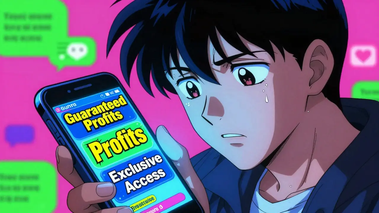 Anxious person viewing scam messages on phone in 90s anime
