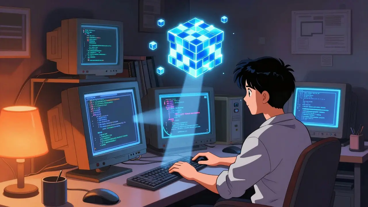 Artist minting an NFT with glowing blockchain blocks in 90s style