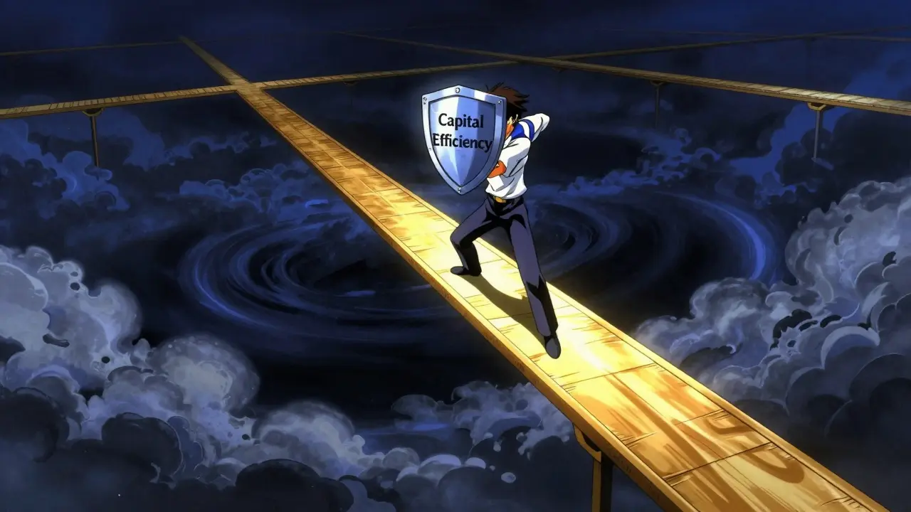 Character balancing on a narrow bridge over a volatile abyss