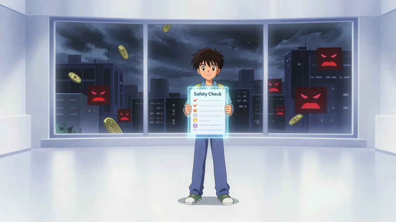 Character holding safety checklist against stormy crypto scam background