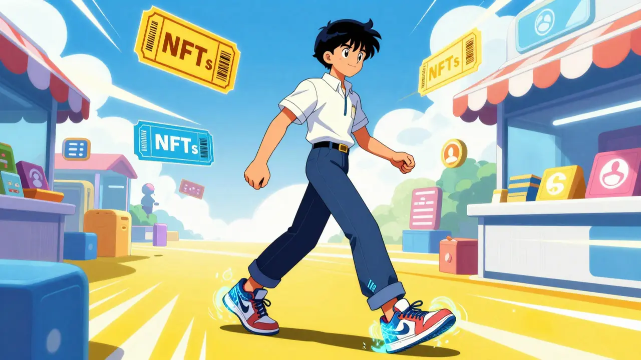 Character with digital sneakers and floating tickets in anime style
