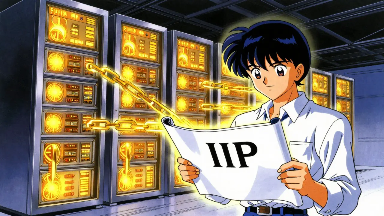 Conceptual art merging IP blueprints with crypto mining servers