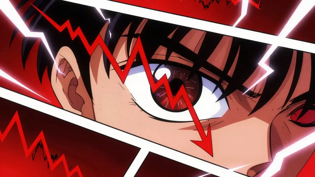 Dramatic anime close-up showing volatile crypto price crash