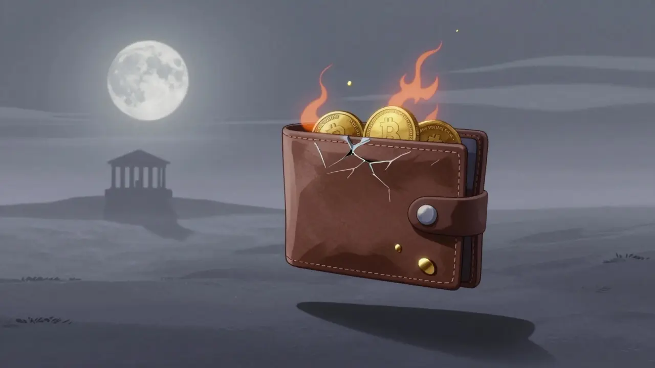 Empty cracked wallet floating near distant courthouse silhouette