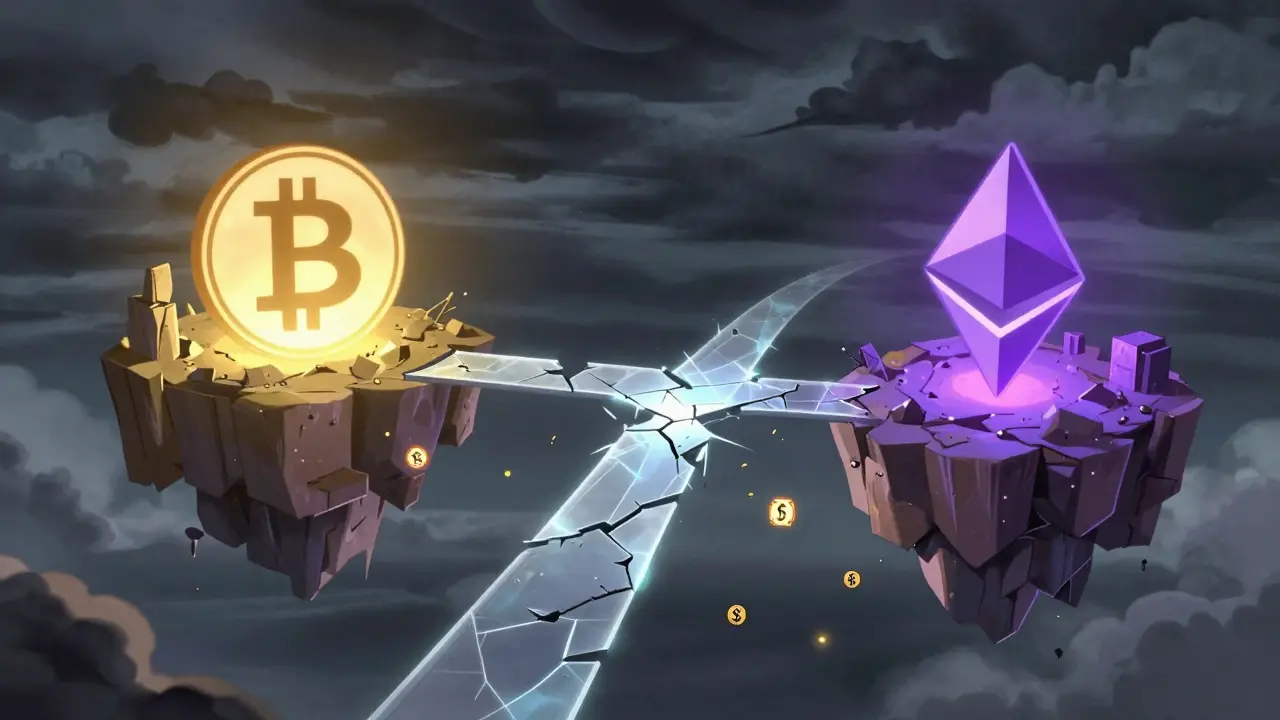 Fragile bridge connecting two blockchain islands in anime style