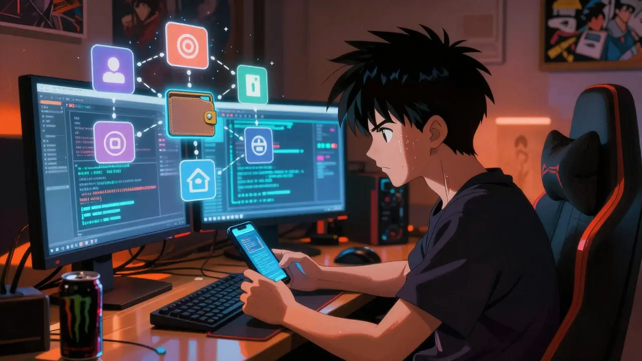 Gamer completing complex steps on glowing screens in 90s anime style