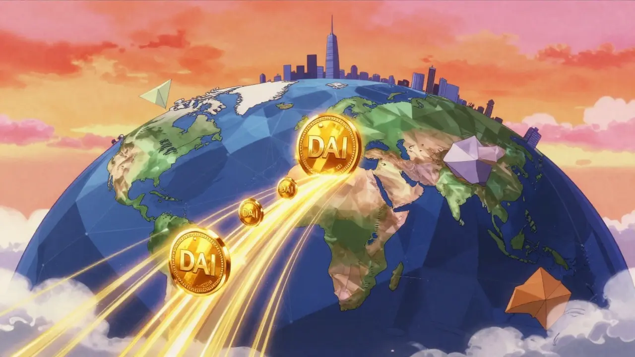 Global network streams of stablecoins flowing across a stylized globe