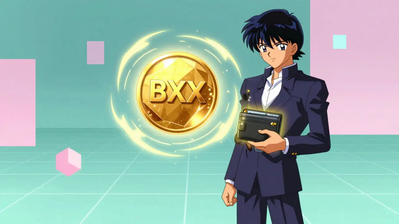 Glowing utility token floating near an anime character holding a digital wallet