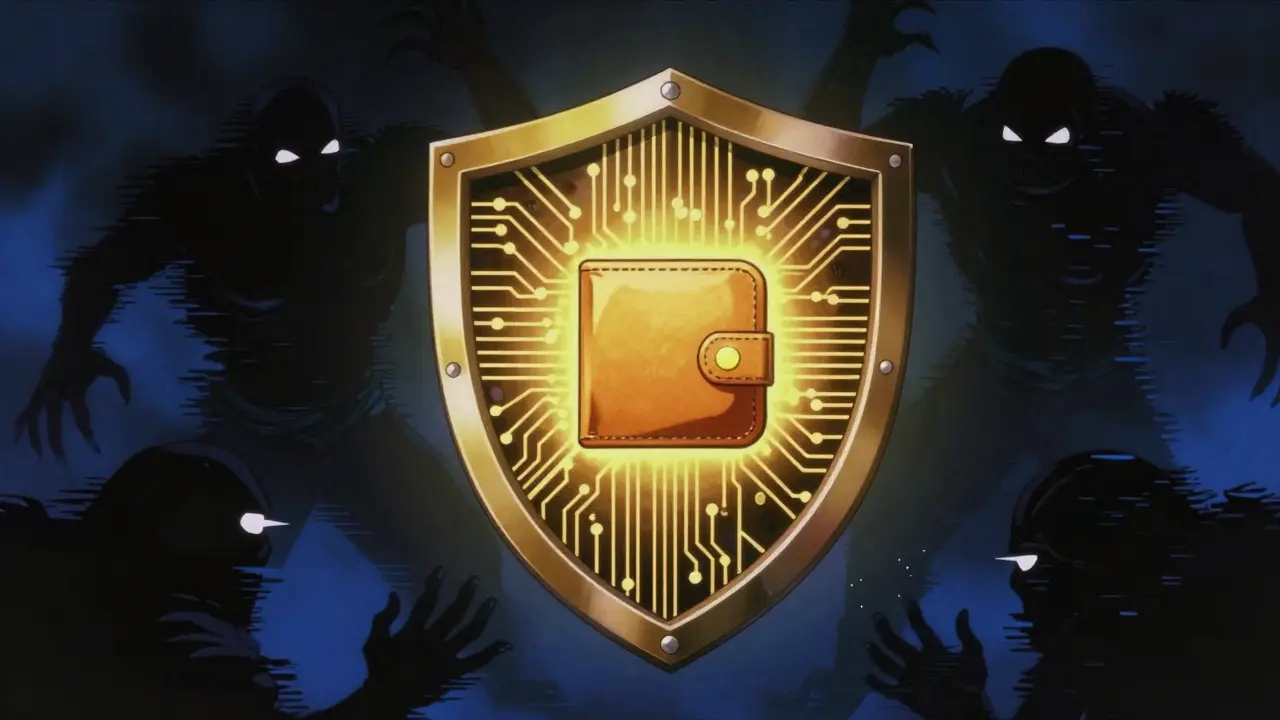Golden circuit shield protecting a digital wallet from shadows