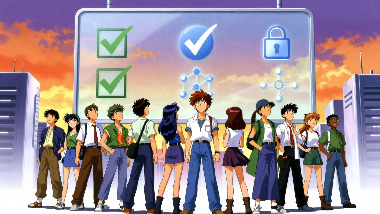 Group of anime characters verifying safe crypto connections in 90s style
